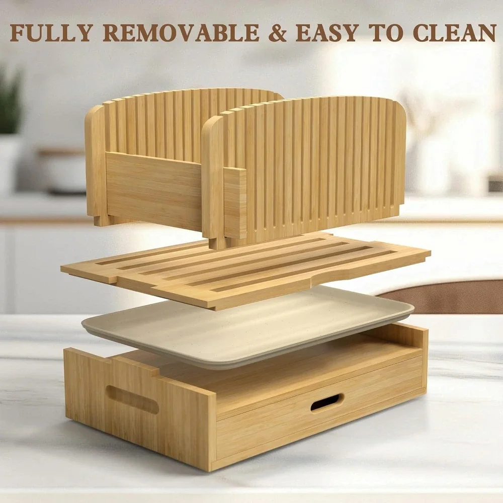 Bamboo Bread Slicer Guide Adjustable Width Wood Slicing Tool with Crumb Tray New